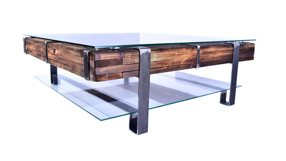 CHYRKA® Stolik kawowy LL stół do salonu LEMBERG Ręcznie robione drewno szkło metal